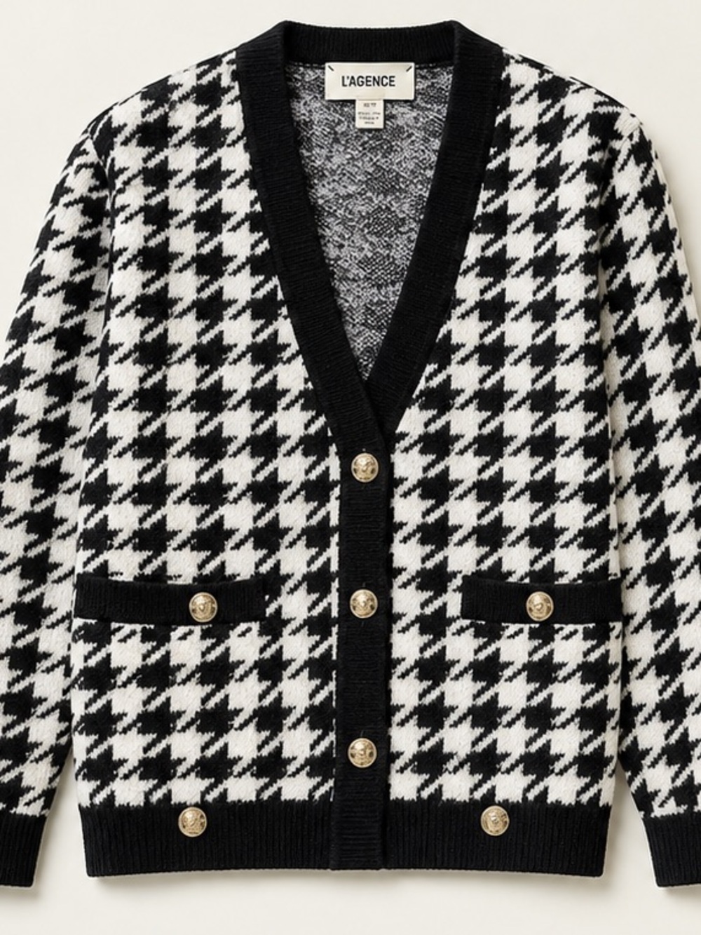 L'AGENCE Black & White Houndstooth Knit Blazer Cardigan